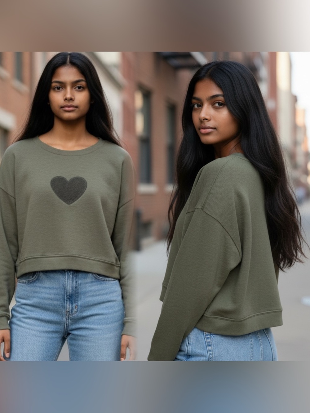 NWT No Comment Brand Women's Olive Crewneck Sweater with Heart Applique